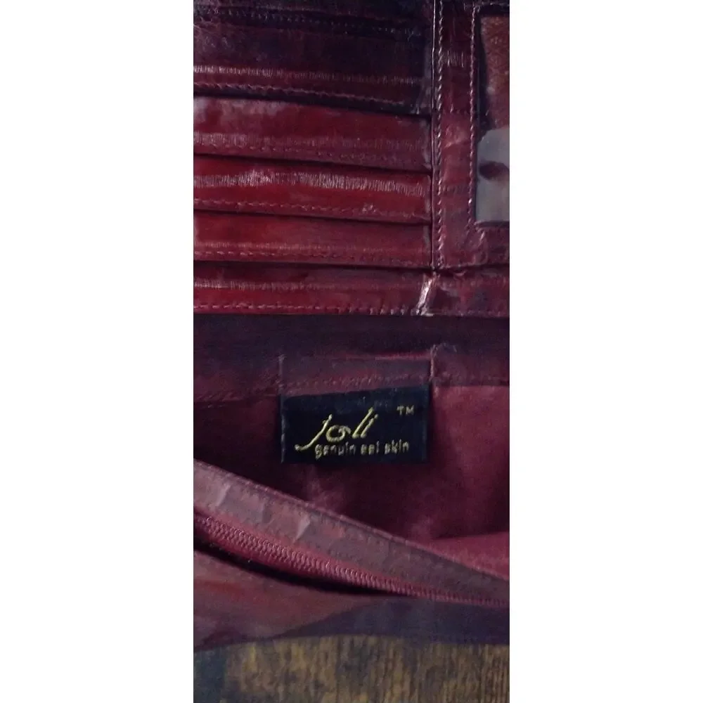 Joli Vintage Genuine Eel Skin Leather of the Sea Bifold Wallet Rich Burgundy Red